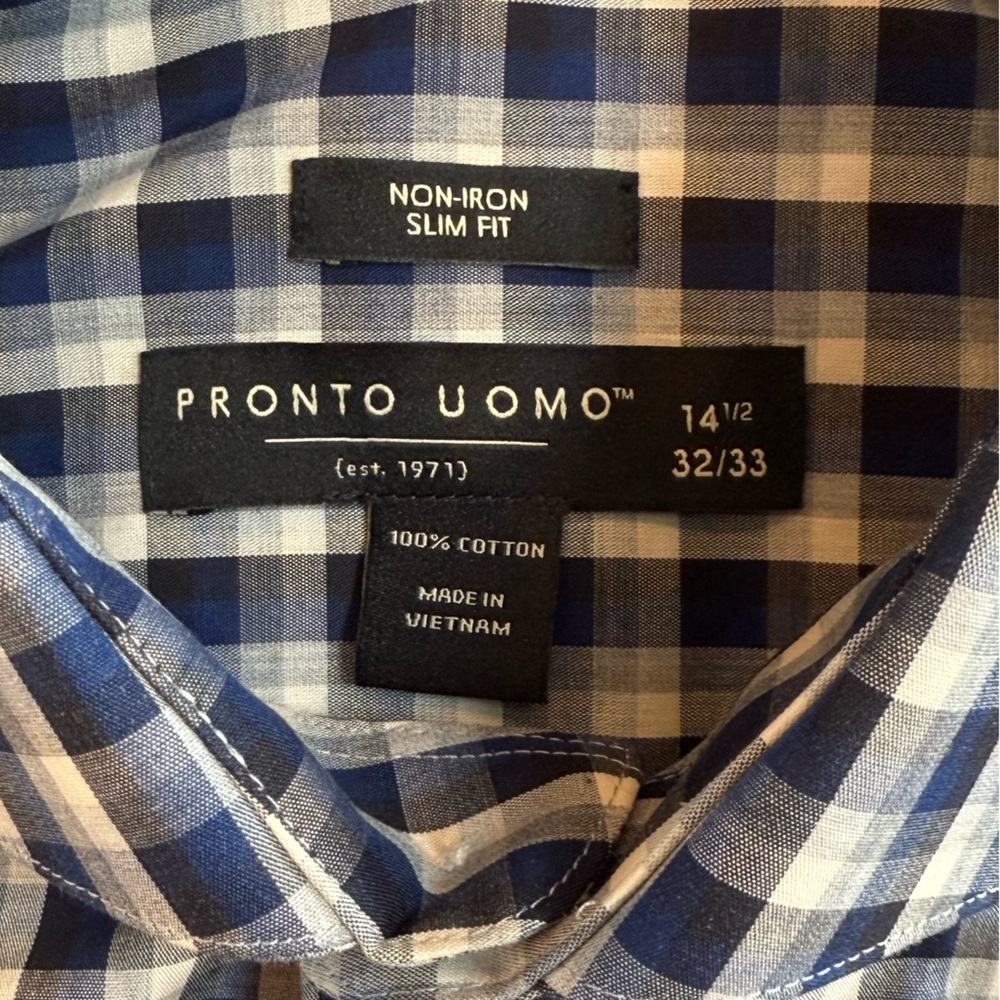 Pronto Uomo 14.5 32/33 Navy Plaid Slim Fit Spread Collar Dress Shirt Non-Iron - Picture 4 of 6